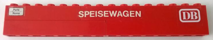 Stickered Assembly 16 x 1 x 2 with White 'DB', 'SPEISEWAGEN' and 'Paris Roma' Pattern Model Left Side (Stickers) - Set 7740 - 1 Brick 1 x 4, 2 Brick 1 x 6, 2 Brick 1 x 8