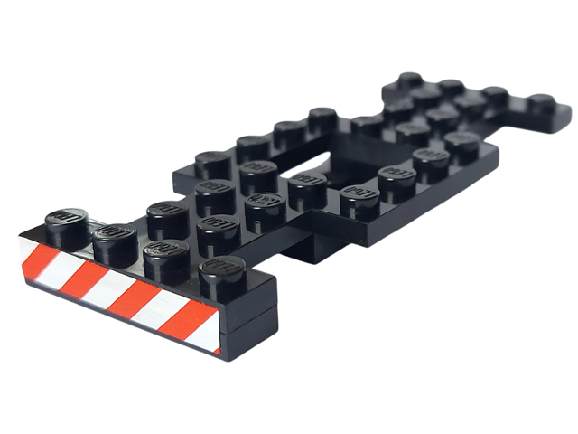 Stickered Assembly 10 x 4 x 1 1/3 with Red and White Danger Stripes Pattern (Sticker) - Set 6385 - 1 Vehicle, Base 4 x 10 x 2/3 with 2 x 2 Recessed Center with Smooth Underside, No Center Hole, 1 Plate 1 x 4