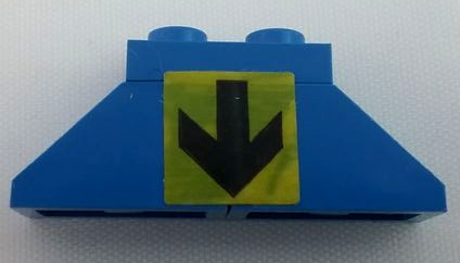 Stickered Assembly 4 x 1 x 1 1/3 with Black Down Arrow on Yellow Background Pattern (Sticker) - Set 6383 - 1 Plate 1 x 2, 2 Slope 45 2 x 1