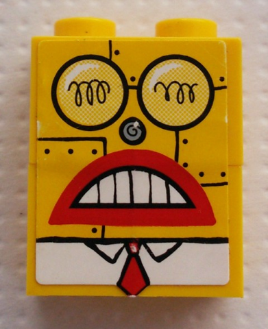 Stickered Assembly 2 x 1 x 2 with Robot SpongeBob Face Pattern (Sticker) - Set 4981 - 1 Brick 1 x 2, 2 Technic, Brick 1 x 1 with Hole