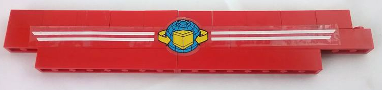 Stickered Assembly 21 x 1 x 3 with Box and Arrows and Globe on White Stripes Pattern Model Left Side (Sticker) - Set 6542 - 1 Brick 1 x 2, 1 Brick 1 x 3, 4 Brick 1 x 8, 10 Panel 1 x 2 x 1