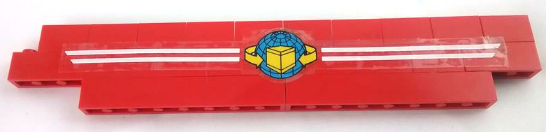 Stickered Assembly 21 x 1 x 3 with Box and Arrows and Globe on White Stripes Pattern Model Right Side (Sticker) - Set 6542 - 1 Brick 1 x 2, 1 Brick 1 x 3, 4 Brick 1 x 8, 10 Panel 1 x 2 x 1
