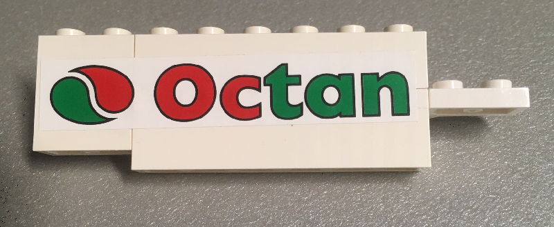 Stickered Assembly 10 x 1 x 2 1/3 with Octan Logo Pattern Model Right Side (Sticker) - Set 6335 - 2 Bricks 1 x 6, 1 Hinge Plate 1 x 4 Swivel, 1 Panel 1 x 2 x 2, 1 Plate 1 x 1, 3 Plates, Modified 1 x 1 with Clip (Vertical Grip)