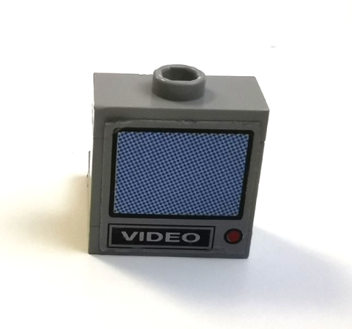 Stickered Assembly 2 x 2 x 1 2/3 with White 'VIDEO', Red Button and Blue Monitor Pattern (Sticker) - Set 5571 - 1 Brick 1 x 2, 1 Plate 2 x 2 Corner, 1 Plate Modified 1 x 2 Jumper