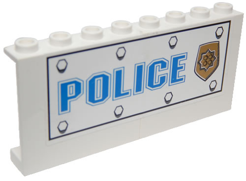 Stickered Assembly 8 x 1 x 3 with Bolts, Blue 'POLICE', and World City Gold Police Badge Pattern Model Left Side (Sticker) - Set 7034 - 2 Panel 1 x 4 x 3 - Hollow Studs