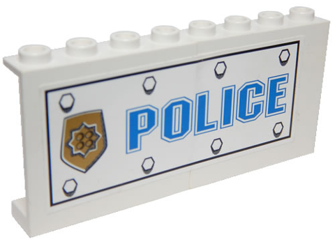 Stickered Assembly 8 x 1 x 3 with Bolts, Blue 'POLICE', and World City Gold Police Badge Pattern Model Right Side (Sticker) - Set 7034 - 2 Panel 1 x 4 x 3 - Hollow Studs
