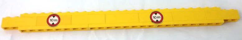 Stickered Assembly 28 x 1 x 1 2/3 with '10m' Maximum Height Warning Signs Pattern Model Left Side (Stickers) - Set 4555 - 6 Plate 1 x 8, 7 Brick Modified 1 x 4 with Channel