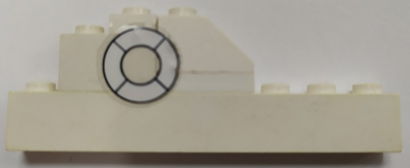 Stickered Assembly 8 x 1 x 2 1/3 with White Life Preserver Pattern Model Left Side (Sticker) - Set 709-1 - 1 Brick 1 x 2, 1 Brick 1 x 8, 1 Plate 1 x 1, 1 Plate 1 x 2, 1 Slope 45 2 x 1 without Bottom Tube