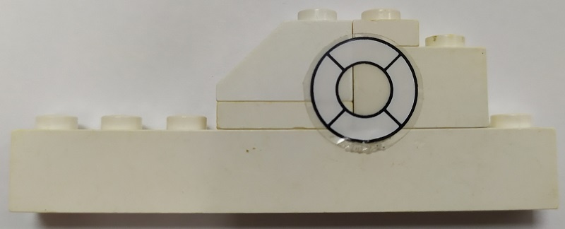 Stickered Assembly 8 x 1 x 2 1/3 with White Life Preserver Pattern Model Right Side (Sticker) - Set 709-1 - 1 Brick 1 x 2, 1 Brick 1 x 8, 1 Plate 1 x 1, 1 Plate 1 x 2, 1 Slope 45 2 x 1 without Bottom Tube