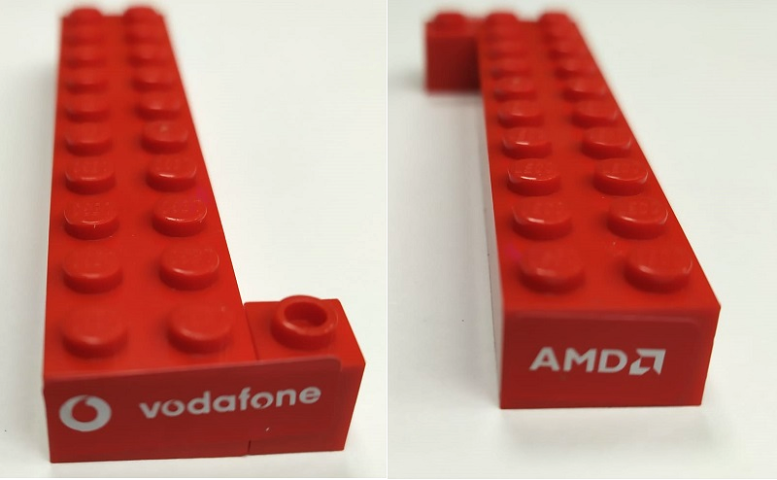 Stickered Assembly 10 x 3 x 1 with AMD and Vodafone Logo Pattern (Stickers) - Set 8654 - 1 Brick 2 x 10, 1 Technic, Brick 1 x 1 with Hole