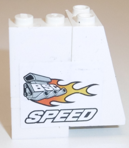 Stickered Assembly 4 x 2 x 3 1/3 with Engine, Flames, 'BSC', and 'SPEED' Pattern Model Left Side (Sticker) - Set 8154 - 1 Brick 1 x 2,  1 Brick 1 x 2 x 2 with Inside Axle Holder, 1 Plate 2 x 2 Corner, 1 Slope 75 2 x 2 x 3 - Hollow Studs