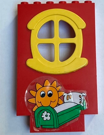 Stickered Assembly 6 x 2 x 8 with Sun and Bed Pattern (Sticker) - Set 3672 - 1 Brick 2 x 4, 1 Fabuland Building Wall 2 x 6 x 7 with Round Symmetric Yellow Window