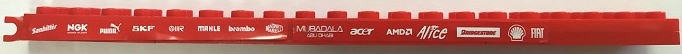 Stickered Assembly 20 x 2 x 2/3 with 'FIAT', 'BRIDGESTONE', 'ALICE', 'AMD', 'ACER', 'MUBADALA ABU DHABI', 'MAGNETI MARELLI', 'BREMBO', 'MAHLE', 'IIR', 'SKF', 'PUMA', 'NGK', 'SANBITTER' Pattern Model Right Side (Sticker) - Sets 8153 / 8155 - 1 Plate 1 x 3, 1 Plate 1 x 6, 1 Plate 1 x 10, 2 Plate 2 x 10, 1 Plate, Modified 1 x 2 with 2 U Clips (Horizontal Grip)