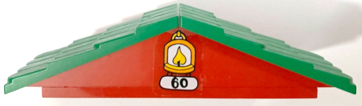 Stickered Assembly 12 x 7 x 2 2/3 with Black Number 60 and Yellow Flame in Oil Lamp Pattern (Sticker) - Set 3660 - 1 Plate 6 x 10, 2 Fabuland Roof Support Slope, 6 x 2 with Green Fabuland Roof Slope without Chimney Hole
