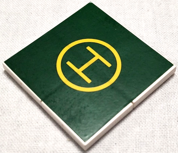 Stickered Assembly 4 x 4 with Helicopter Landing Pad with Yellow Letter H in Circle on Dark Green Background Pattern (Sticker) - Set 1658 - 4 Tile 2 x 2