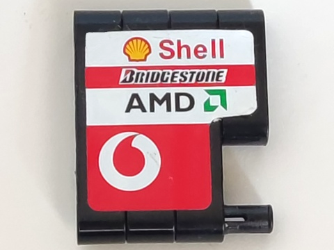 Stickered Assembly 5 x 4 x 1 with Red and White Stripes, Shell, Bridgestone, 'AMD' and Vodafone Logos Pattern Model Right Side (Sticker) - Set 8386 - 3 Technic, Liftarm Thick 1 x 5, 1 Technic, Liftarm Thick 1 x 3, 3 Technic, Pin with Short Friction Ridges, 3 Technic, Pin 3L with Friction Ridges