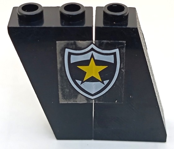 Stickered Assembly 4 x 1 x 3 with Police Yellow Star Badge Pattern Model Right Side (Sticker) - Set 6483 -  Slope 75 2 x 1 x 3 - Open Stud, 1 Slope, Inverted 75 2 x 1 x 3