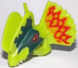 Dinosaur Head Dilophosaurus with Dark Green and Red Around Eyes and Red and Orange on Frill Pattern