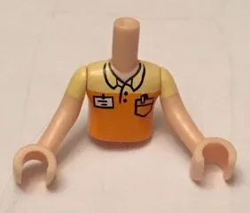Torso Mini Doll Boy Orange Polo Shirt, Yellow Shoulders, Name Tag, Pocket Pattern, Light Nougat Arms with Hands with Yellow Short Sleeves