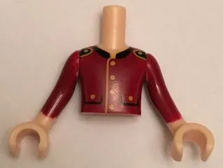 Torso Mini Doll Boy Dark Red Jacket, 2 Pockets, Gold Buttons and Black Collar Pattern, Light Nougat Arms with Hands with Dark Red Sleeves