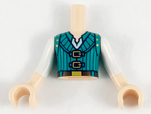Torso Mini Doll Boy Dark Turquoise Vest with Black Pinstripes, Gold Buckles Pattern, Light Nougat Arms with Hands with White Sleeves