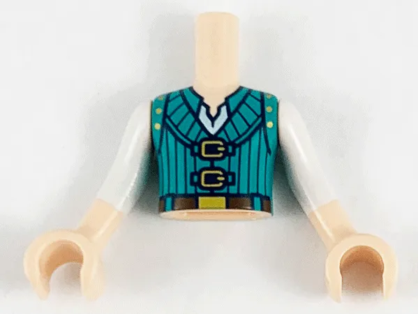 Torso Mini Doll Boy Dark Turquoise Vest with Black Pinstripes, Gold Buckles Pattern, Light Nougat Arms with Hands with White Sleeves