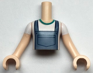 Torso Mini Doll Boy Sand Blue Overalls over White T-Shirt Pattern, Light Nougat Arms with Hands with White Short Sleeves