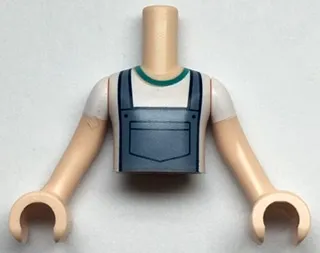 Torso Mini Doll Boy Sand Blue Overalls over White T-Shirt Pattern, Light Nougat Arms with Hands with White Short Sleeves