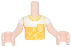 Torso Mini Doll Boy White Shirt with Bright Light Orange Panel and Bright Light Yellow Pocket and Flowers Pattern, Light Nougat Arms with Hands with White Short Sleeves