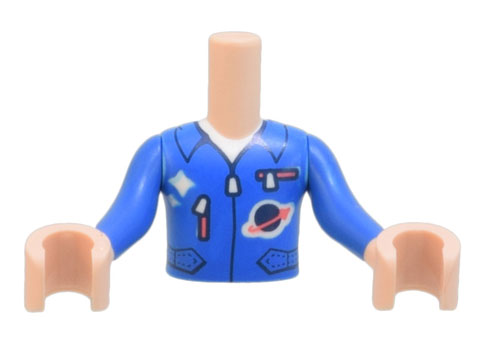 Torso Mini Doll Boy Jumpsuit with Zippers, Pockets, and Classic Space Logo Pattern, Light Nougat Arms with Hands with Blue Sleeves