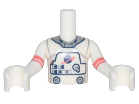 Torso Mini Doll Boy Spacesuit with Silver Collar, Buttons, and Classic Space Logo Pattern, White Arms with Hands with Coral Stripes