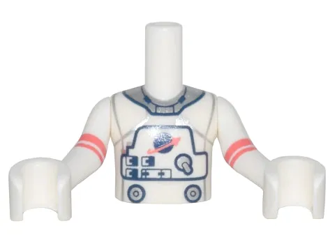 Torso Mini Doll Boy Spacesuit with Silver Collar, Buttons, and Classic Space Logo Pattern, White Arms with Hands with Coral Stripes
