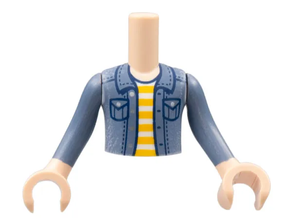 Torso Mini Doll Boy Sand Blue Denim Jacket, White and Bright Light Orange Striped Shirt Pattern, Light Nougat Arms with Hands with Sand Blue Sleeves