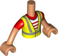 Torso Mini Doll Boy Neon Yellow Safety Vest with Recycling Logo over Red and White Striped Shirt Pattern, Light Nougat Arms with Hands with Red Short Sleeves