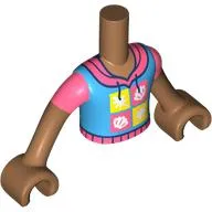 Torso Mini Doll Boy Dark Azure and Coral Hoodie with White and Yellow Squares Pattern, Medium Nougat Arms with Hands with Coral Short Sleeves