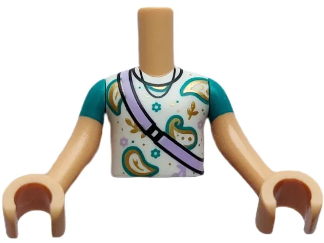Torso Mini Doll Boy White Shirt, Gold Symbols, Lavender Shoulder Bag Pattern, Medium Tan Arms with Hands with Dark Turquoise Short Sleeves