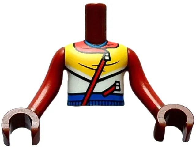 Torso Mini Doll Boy Yellow, White, Blue and Red Hoodie with Zippers Pattern, Reddish Brown Arms with Hands with Red Long Sleeves