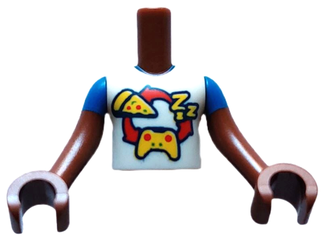 Torso Mini Doll Boy White Shirt with Red Curved Arrows and Yellow 'ZZZ', Pizza, and Game Controller Pattern, Reddish Brown Arms with Hands with Blue Short Sleeves
