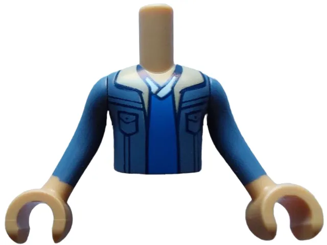 Torso Mini Doll Boy Sand Blue Jacket with Tan Lapels over Blue and White Shirt Pattern, Medium Tan Arms with Hands with Sand Blue Long Sleeves