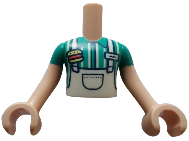 Torso Mini Doll Boy White Apron Top over Dark Turquoise Shirt with Hamburger Pin Pattern, Light Nougat Arms with Hands with Dark Turquoise Short Sleeves