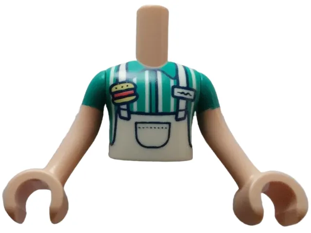 Torso Mini Doll Boy White Apron Top over Dark Turquoise Shirt with Hamburger Pin Pattern, Light Nougat Arms with Hands with Dark Turquoise Short Sleeves