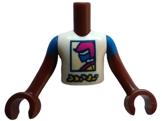 Torso Mini Doll Boy White Shirt with Magenta, Blue and Yellow Racer in Dark Blue Frame Pattern, Reddish Brown Arms with Hands with Blue Short Sleeves