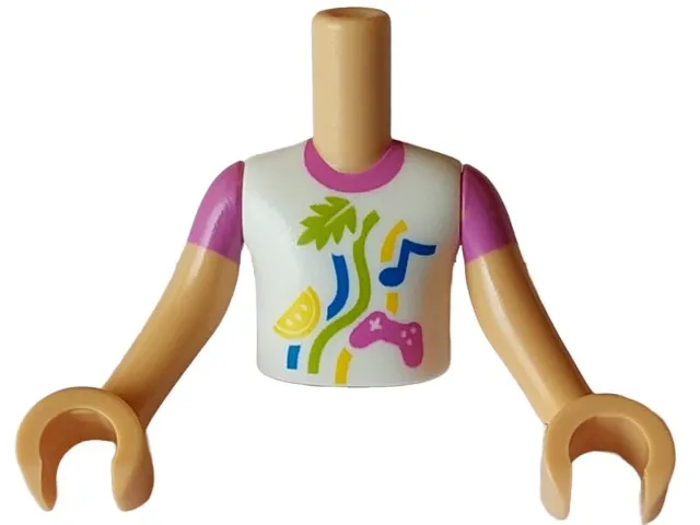 Torso Mini Doll Boy White Shirt with Dark Pink Collar and Game Controller, Blue Musical Note, Lime Leaf, Yellow Lemon Slice and Lines Pattern, Medium Tan Arms with Hands with Dark Pink Short Sleeves