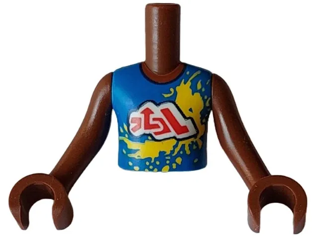 Torso Mini Doll Boy Blue Sleeveless Shirt with Yellow Splotches and White Cloud with Red Symbols Pattern, Reddish Brown Arms with Hands