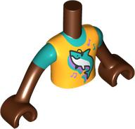 Torso Mini Doll Boy Bright Light Orange Shirt with Shark and Music Notes Pattern, Reddish Brown Arms with Hands with Dark Turquoise Short Sleeves