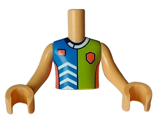 Torso Mini Doll Boy Blue, Lime, and Coral Sports Uniform Shirt with White Chevrons and Collar, Dark Blue Number 3 on Back Pattern, Medium Tan Arms with Hands