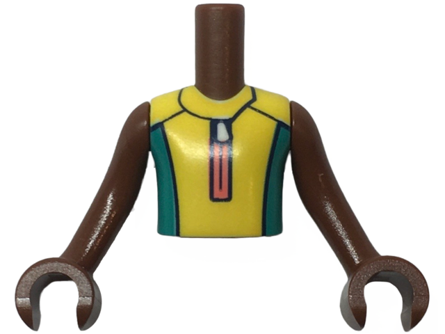 Torso Mini Doll Boy Yellow and Dark Turquoise Wetsuit with Coral Zipper and Dolphin / Whale Logo on Back Pattern, Reddish Brown Arms with Hands