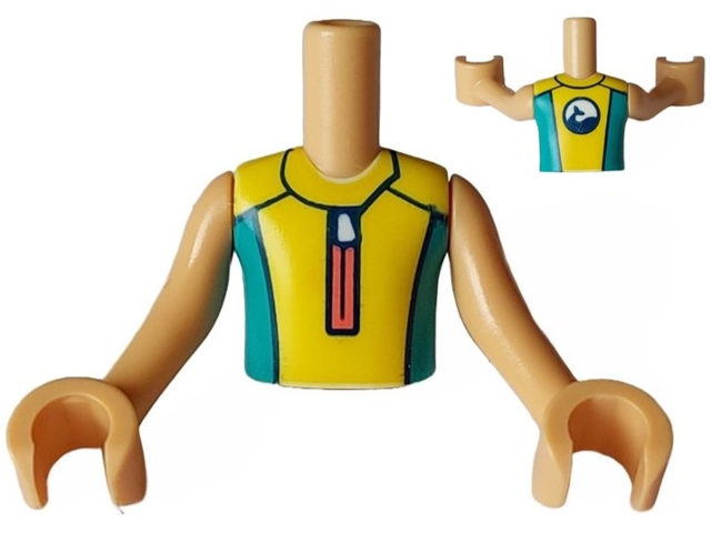Torso Mini Doll Boy Yellow and Dark Turquoise Wetsuit with Coral Zipper and Dolphin / Whale Logo on Back Pattern, Medium Tan Arms with Hands