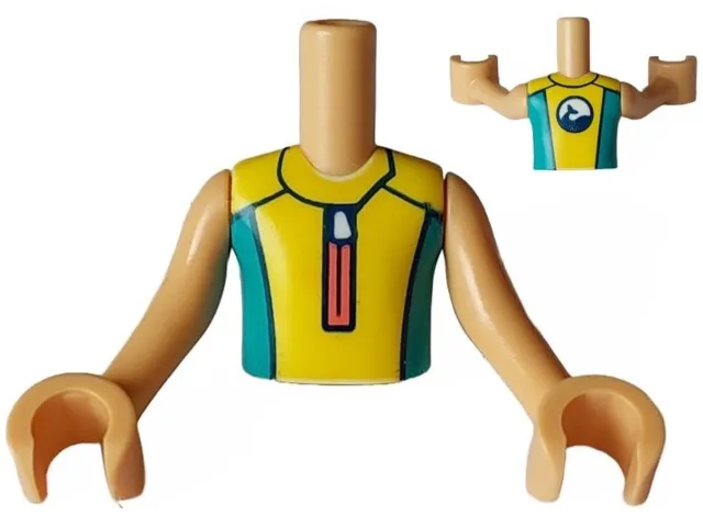 Torso Mini Doll Boy Yellow and Dark Turquoise Wetsuit with Coral Zipper and Dolphin / Whale Logo on Back Pattern, Medium Tan Arms with Hands