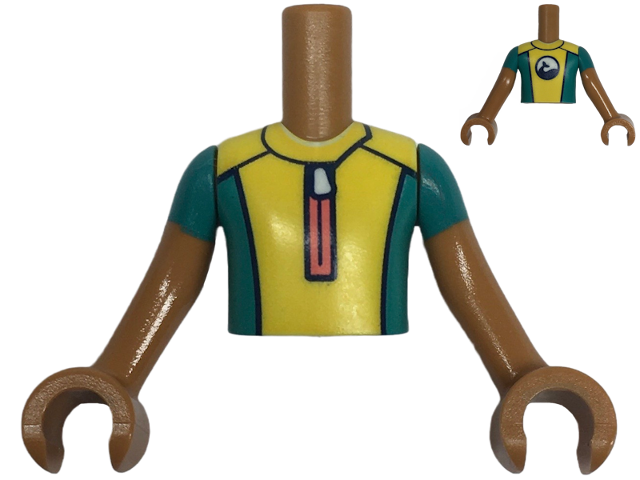 Torso Mini Doll Boy Yellow and Dark Turquoise Wetsuit with Coral Zipper and Dolphin / Whale Logo on Back Pattern, Medium Nougat Arms with Hands with Dark Turquoise Short Sleeves